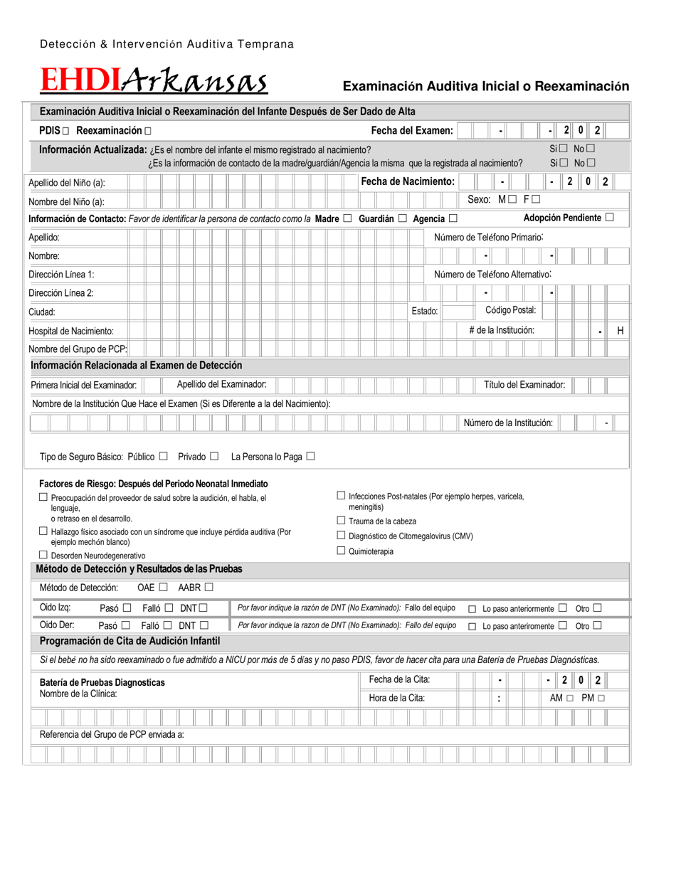 Examinacion Auditiva Inicial O Reexaminacion - Arkansas (Spanish), Page 1