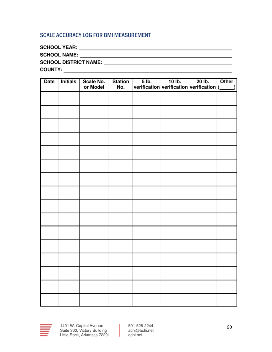 Scale Accuracy Log for BMI Measurement - Arkansas, Page 1
