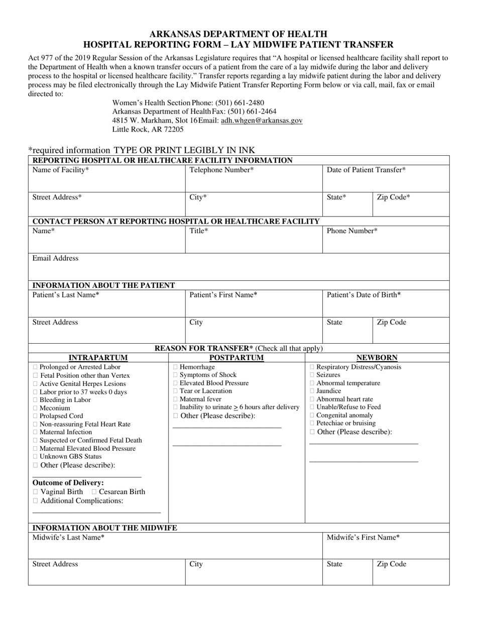 Hospital Reporting Form - Lay Midwife Patient Transfer - Arkansas, Page 1