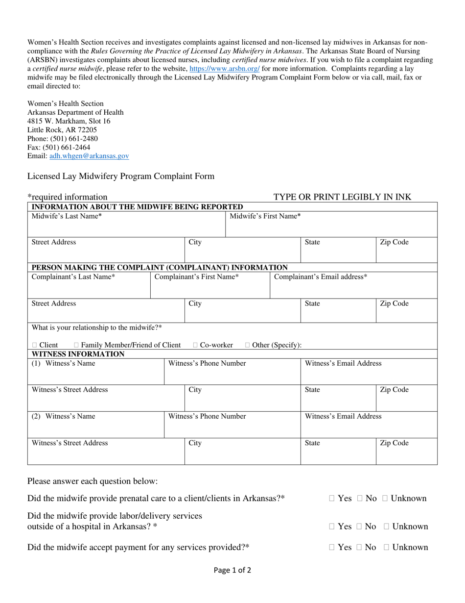 Licensed Lay Midwifery Program Complaint Form - Arkansas, Page 1
