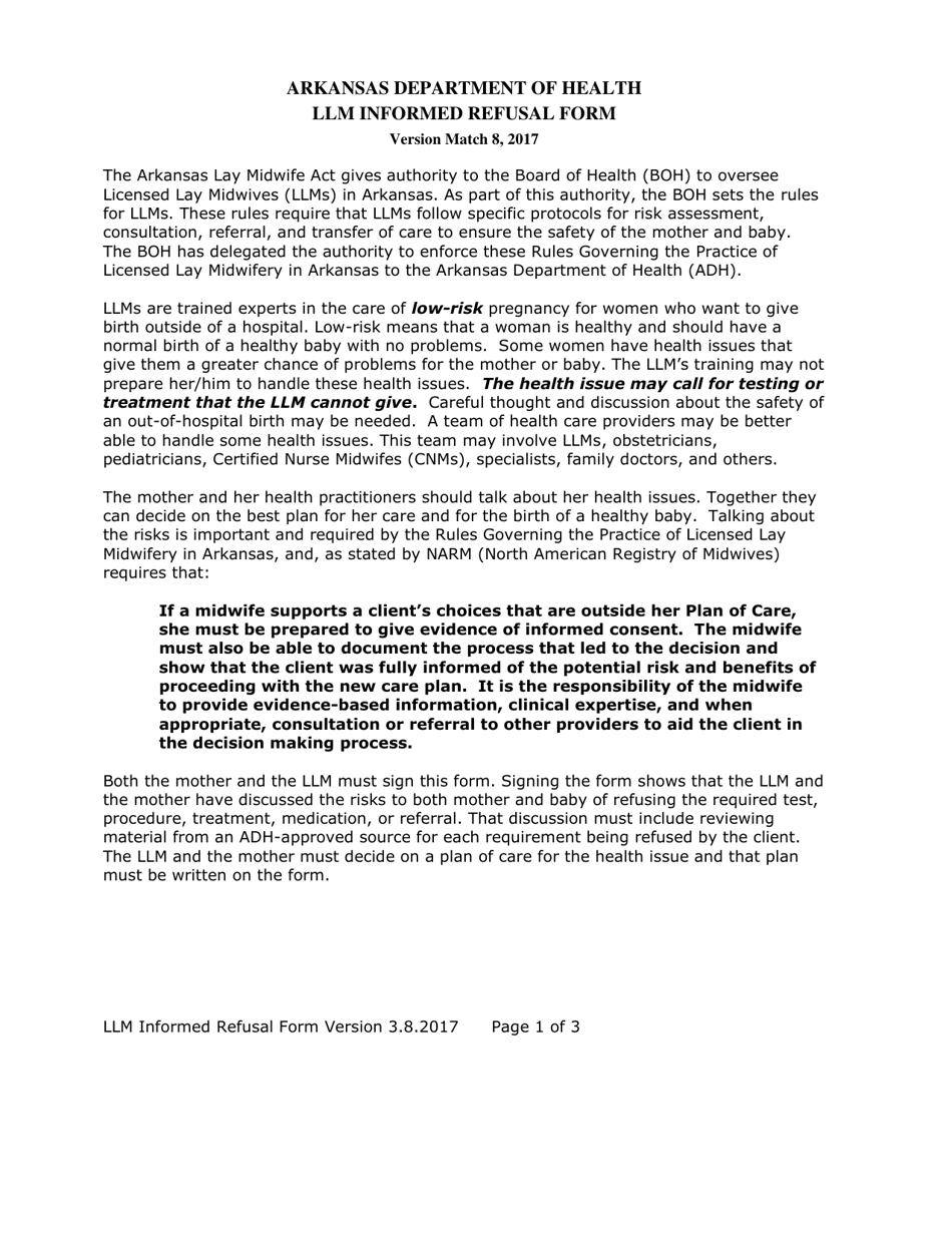 Llm Informed Refusal Form - Arkansas, Page 1