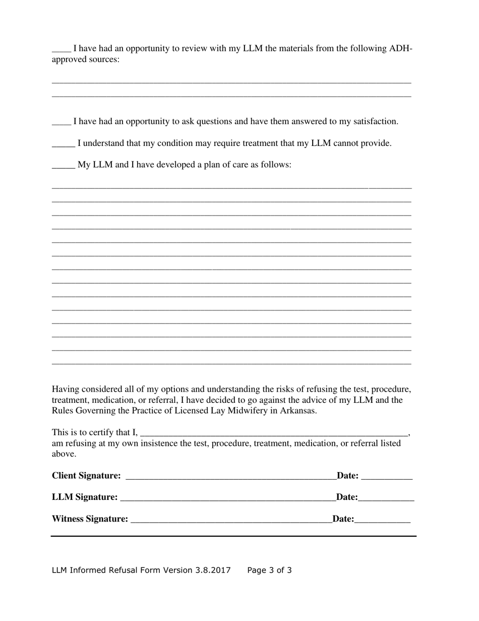 Arkansas Llm Informed Refusal Form Download Printable PDF | Templateroller