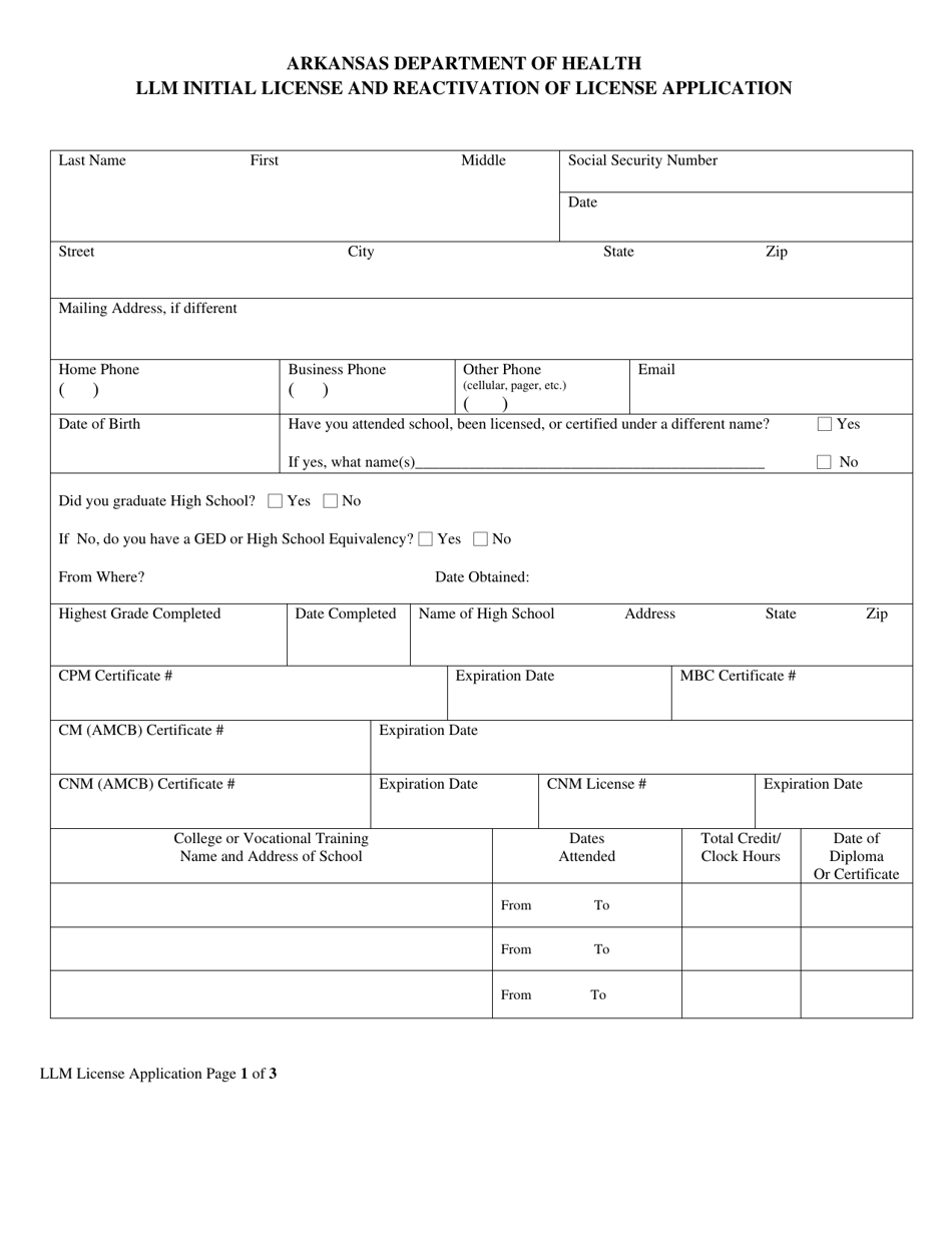 Arkansas Llm Initial License And Reactivation Of License Application   Llm Initial License And Reactivation Of License Application Arkansas Print Big 