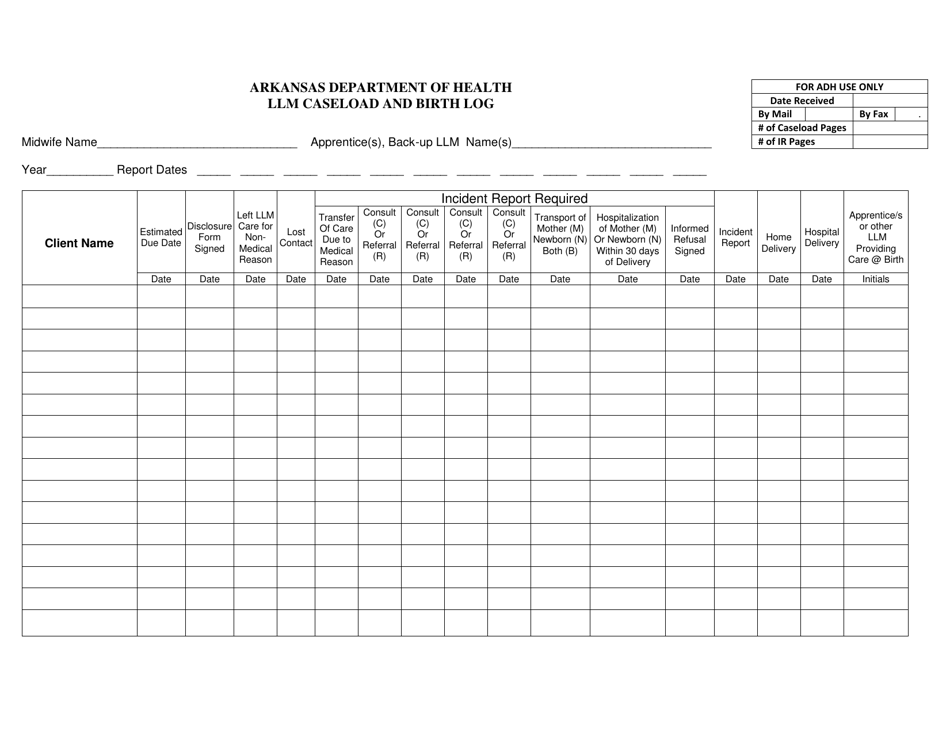 Llm Caseload and Birth Log - Arkansas, Page 1