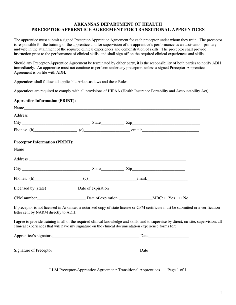 Preceptor-Apprentice Agreement for Transitional Apprentices - Arkansas, Page 1