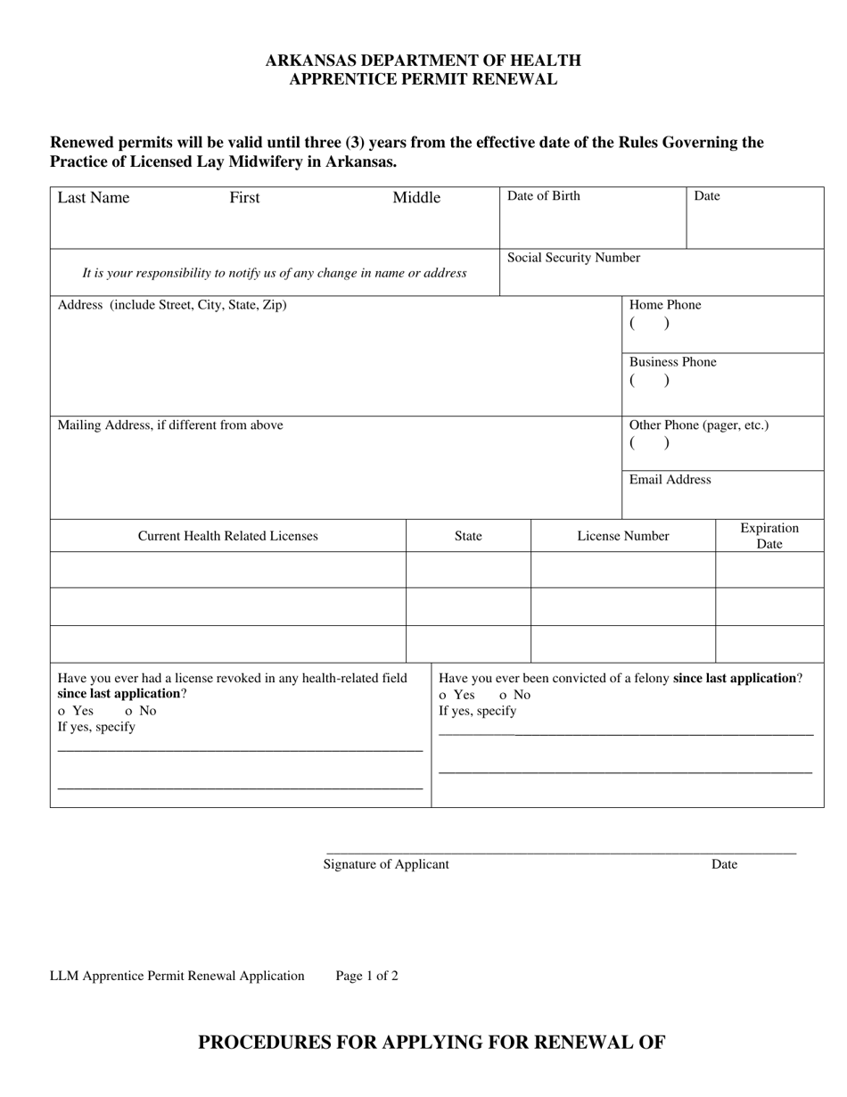Transitional Apprentice Permit Renewal Form - Arkansas, Page 1