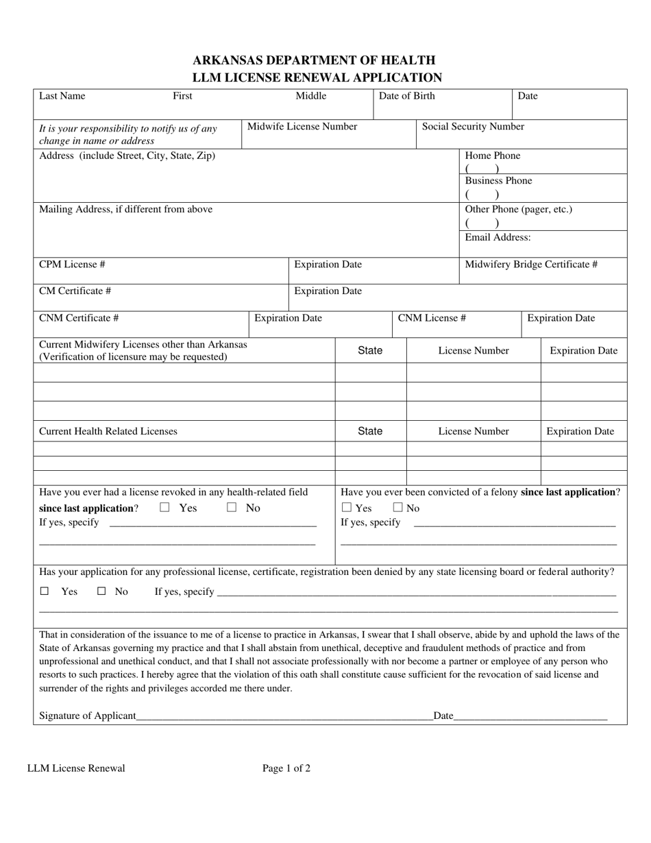 Llm License Renewal Application - Arkansas, Page 1