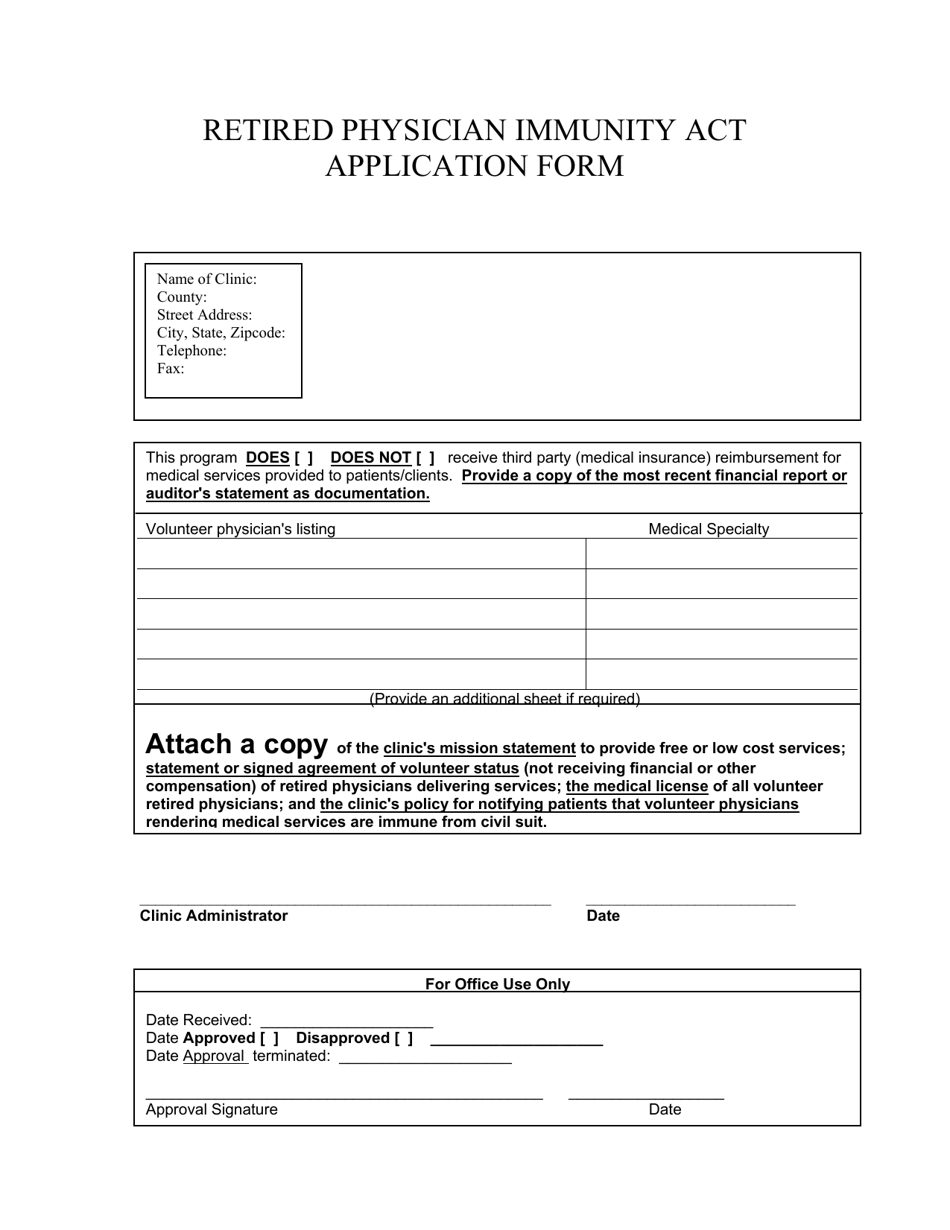 Retired Physician Immunity Act Application Form - Arkansas, Page 1