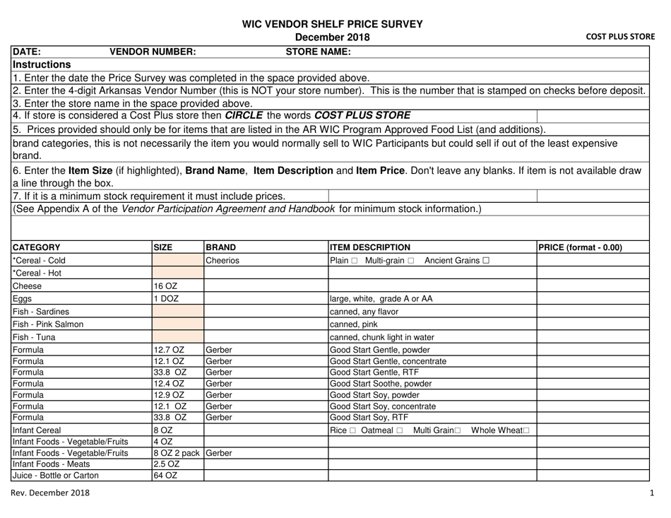 Wic Vendor Shelf Price Survey - Arkansas, Page 1