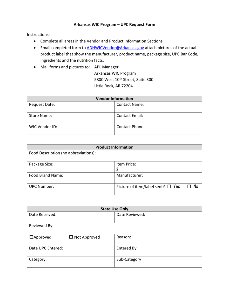 Upc Request Form - Arkansas Wic Program - Arkansas, Page 1