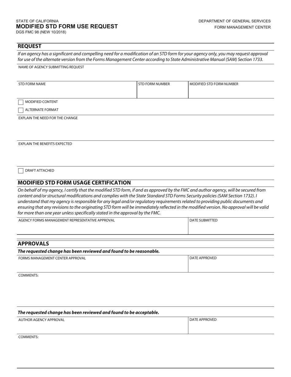 Form DGS FMC98 Modified Std Form Use Request - California, Page 1