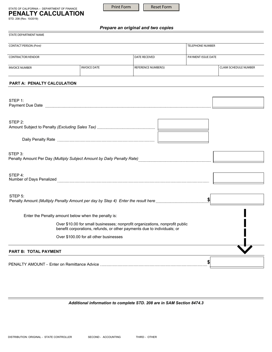 Form STD.208 Penalty Calculation - California, Page 1