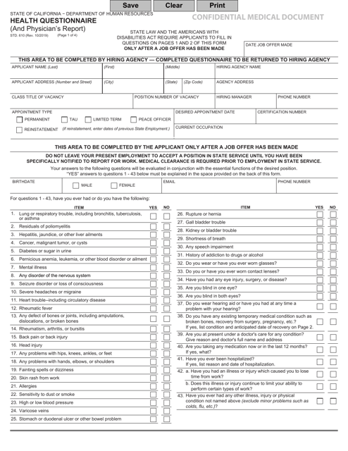 Form STD.610 Health Questionnaire (And Physician's Report) - California