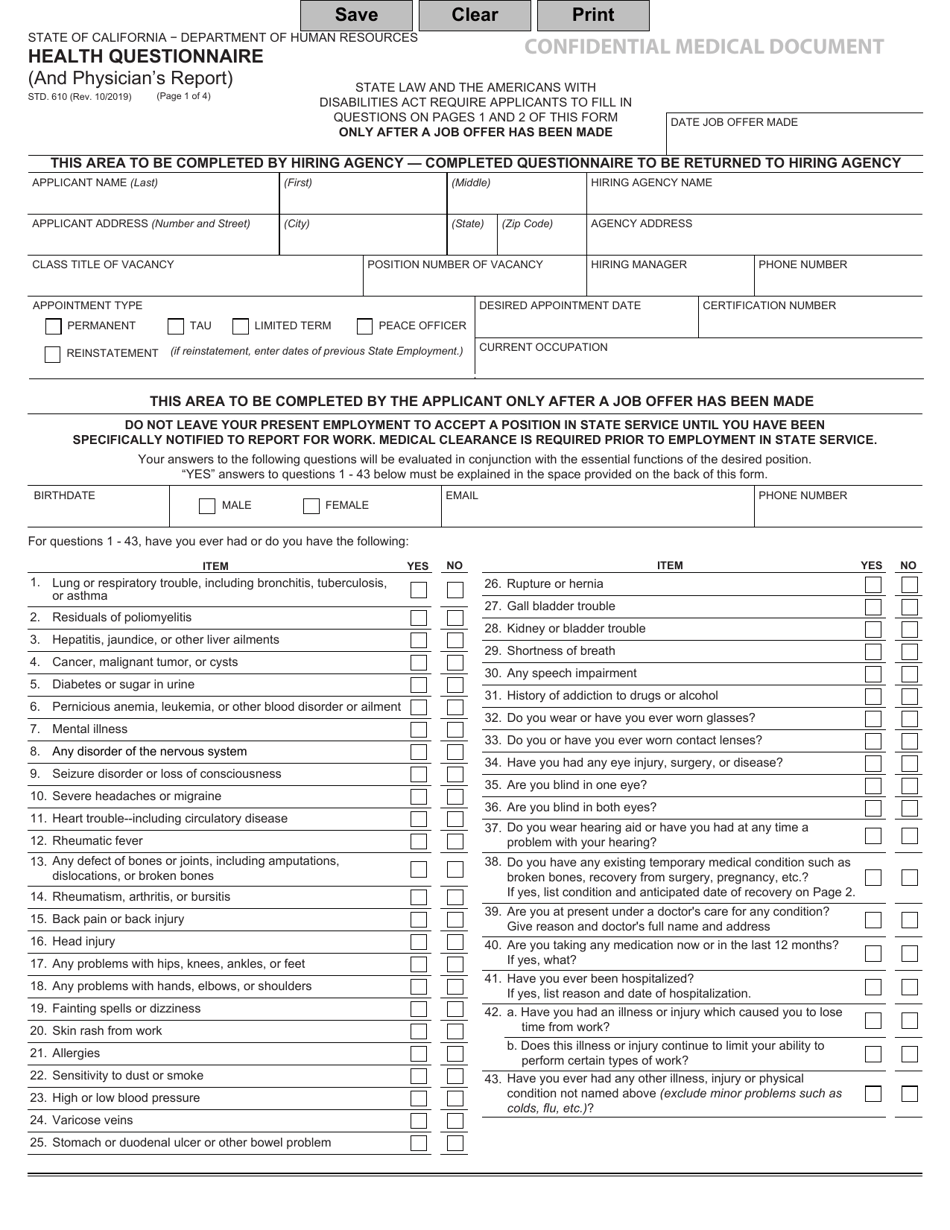 Form STD.610 Health Questionnaire (And Physicians Report) - California, Page 1