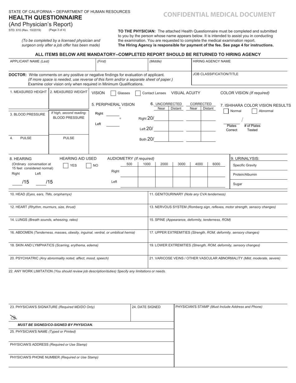 Form STD.610 Health Questionnaire (And Physicians Report) - California, Page 3
