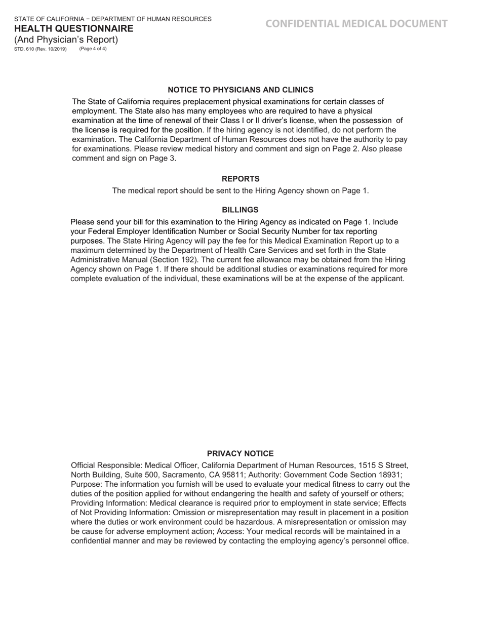 Form STD.610 Health Questionnaire (And Physicians Report) - California, Page 4