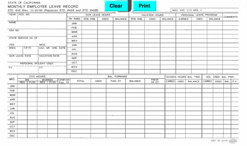Form STD.642 Monthly Employee Leave Record - California, Page 1