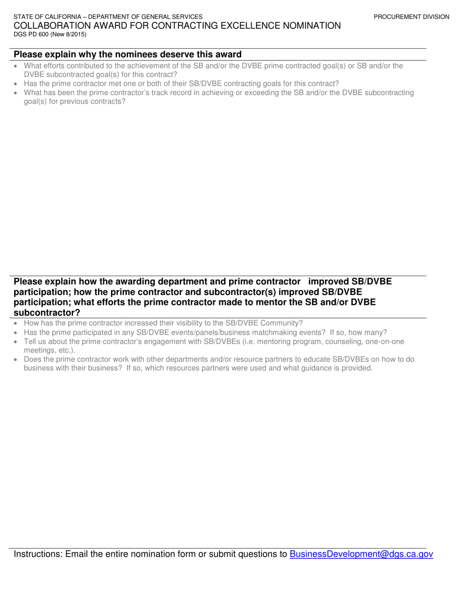 Form DGS PD600 Collaboration Award for Contracting Excellence Nomination - California, Page 2