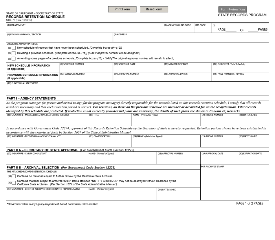 Form STD.73 Record Retention Schedule - California, Page 1