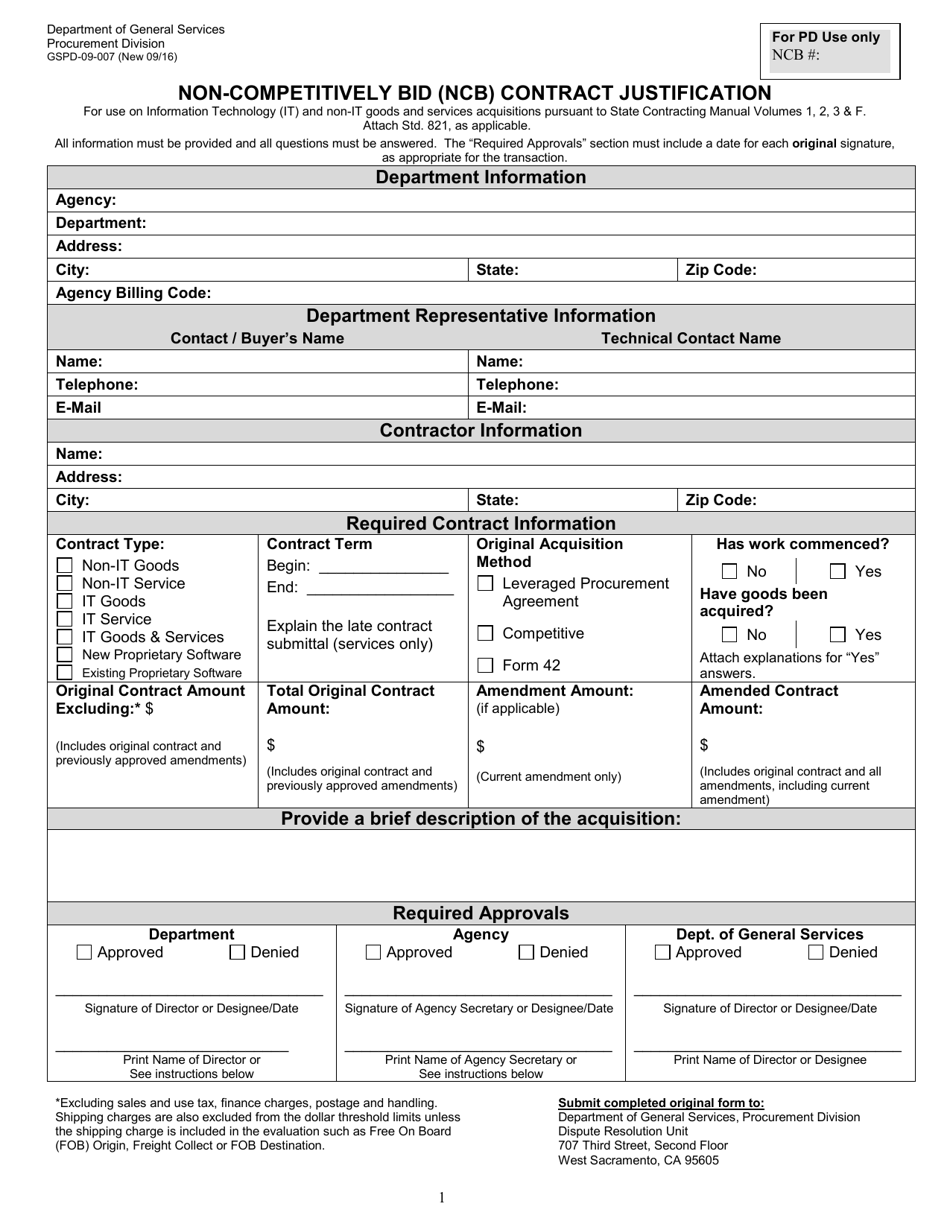 Form GSPD-09-007 Non-competitively Bid (Ncb) Contract Justification - California, Page 1