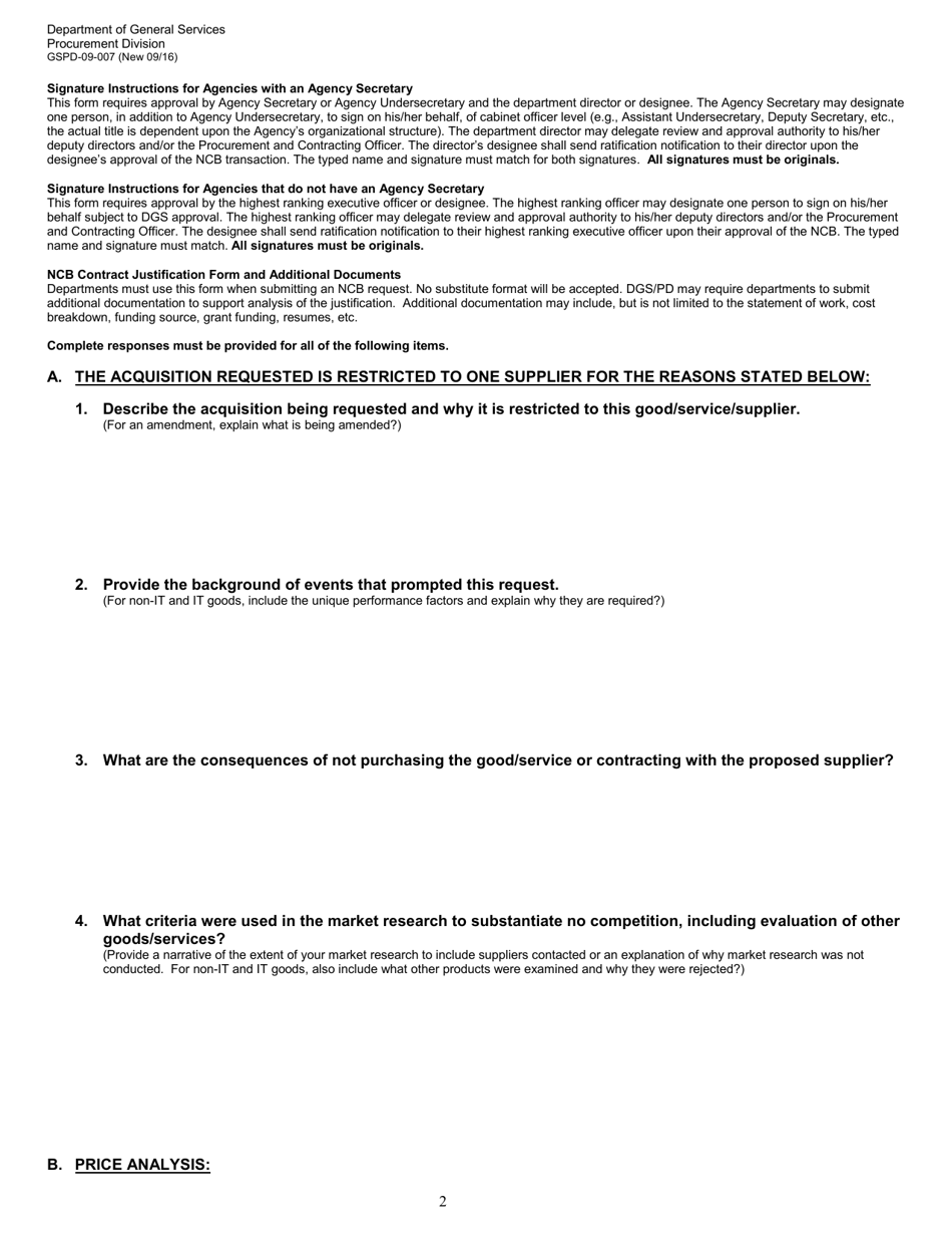 Form GSPD-09-007 Non-competitively Bid (Ncb) Contract Justification - California, Page 2