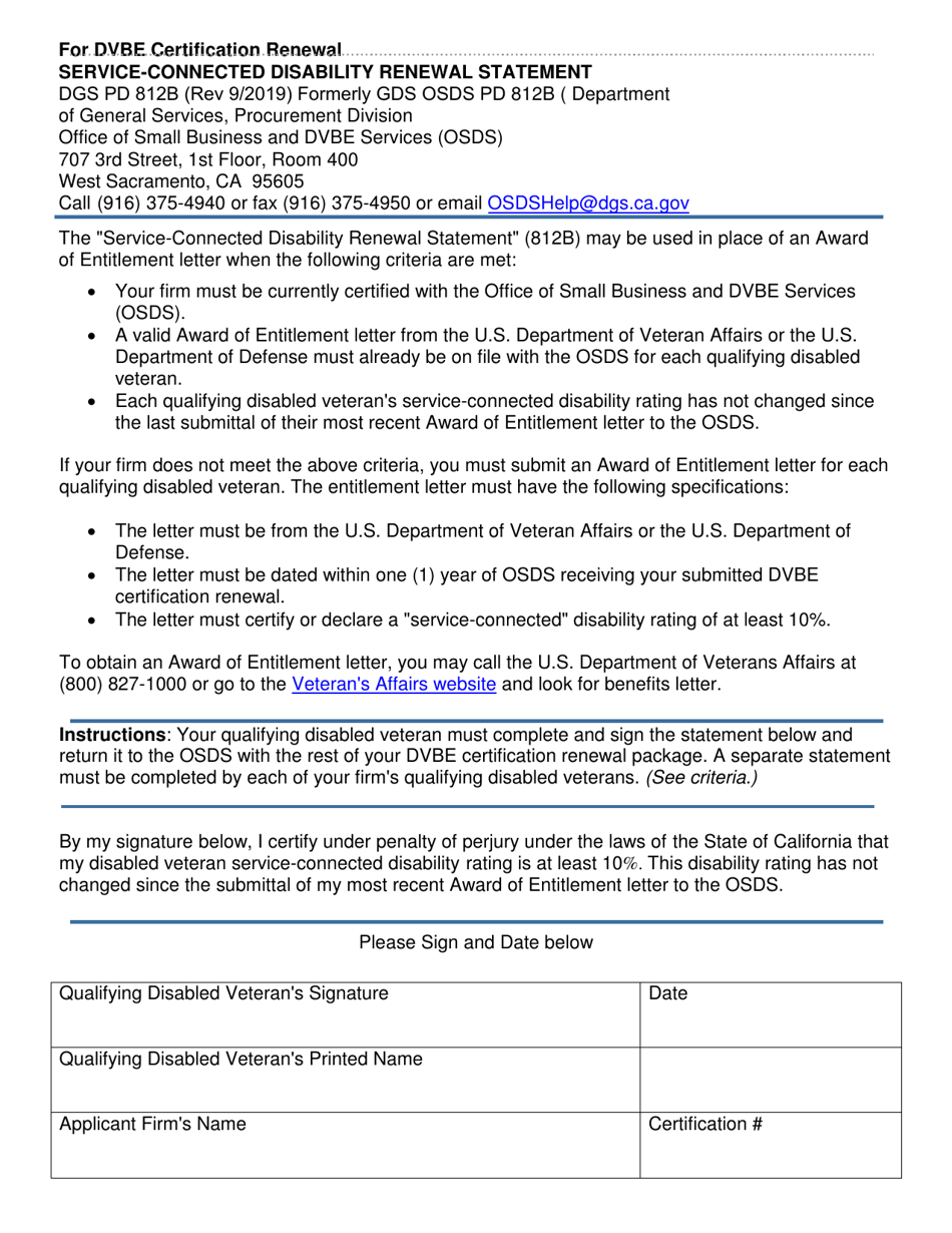 Form DGS PD812B Dvbe Service-Connected Disability Renewal Statement - California, Page 1