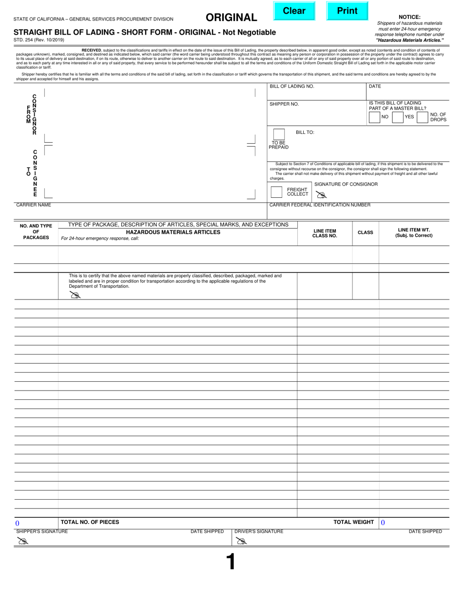 Form STD.254 Straight Bill of Lading - California, Page 1