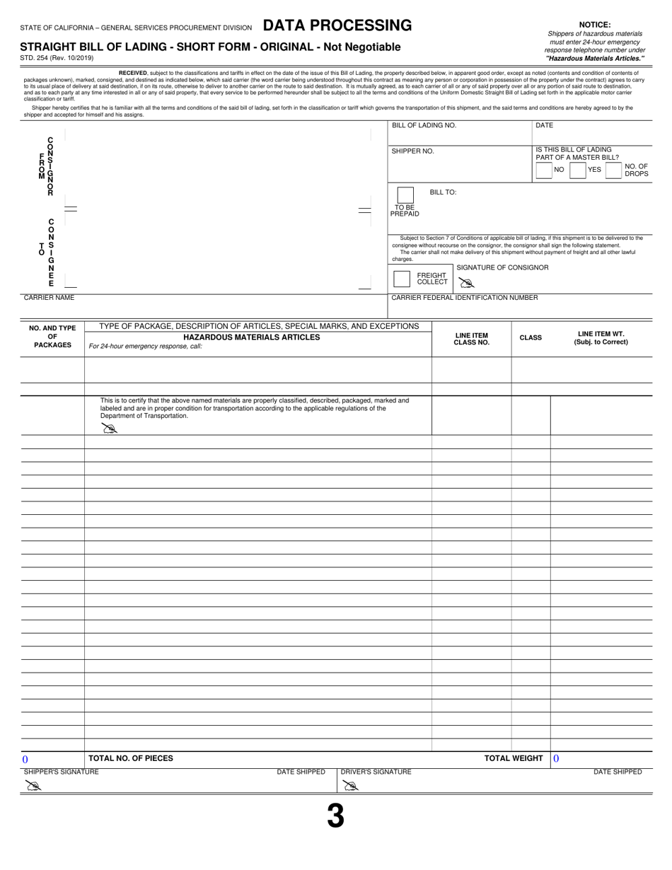 Form STD.254 Straight Bill of Lading - California, Page 3
