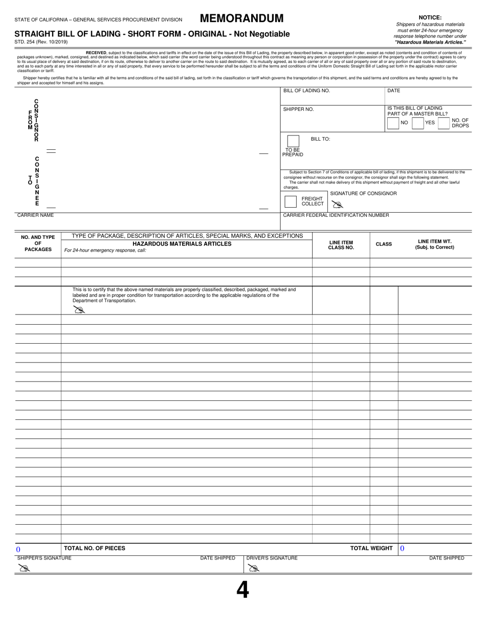 Form STD.254 Straight Bill of Lading - California, Page 4