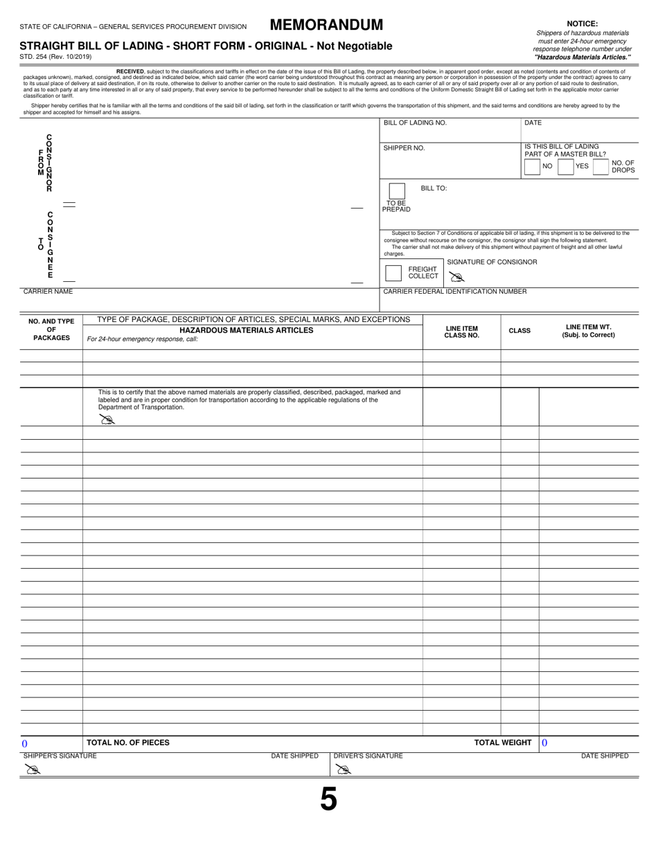 Form STD.254 Straight Bill of Lading - California, Page 5
