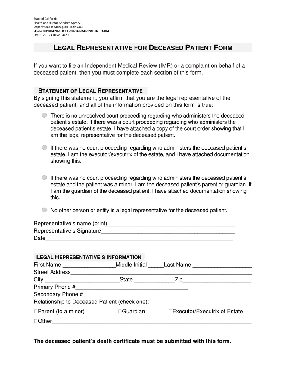 Form DMHC20-174 Legal Representative for Deceased Patient Form - California, Page 1