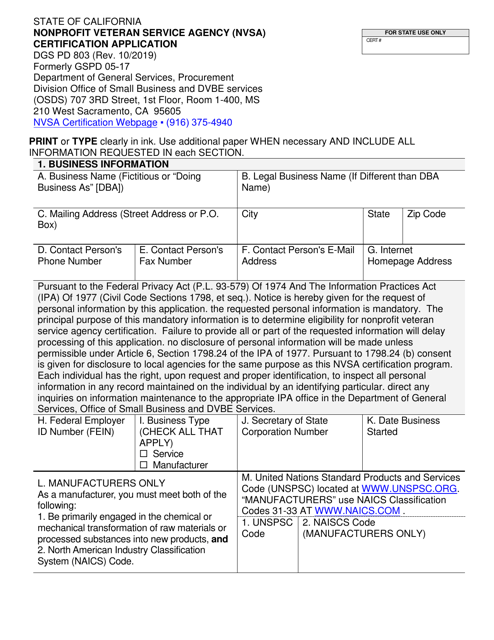 Form DGS PD803 Nonprofit Veteran Service Agency (Nvsa) Certification Application - California