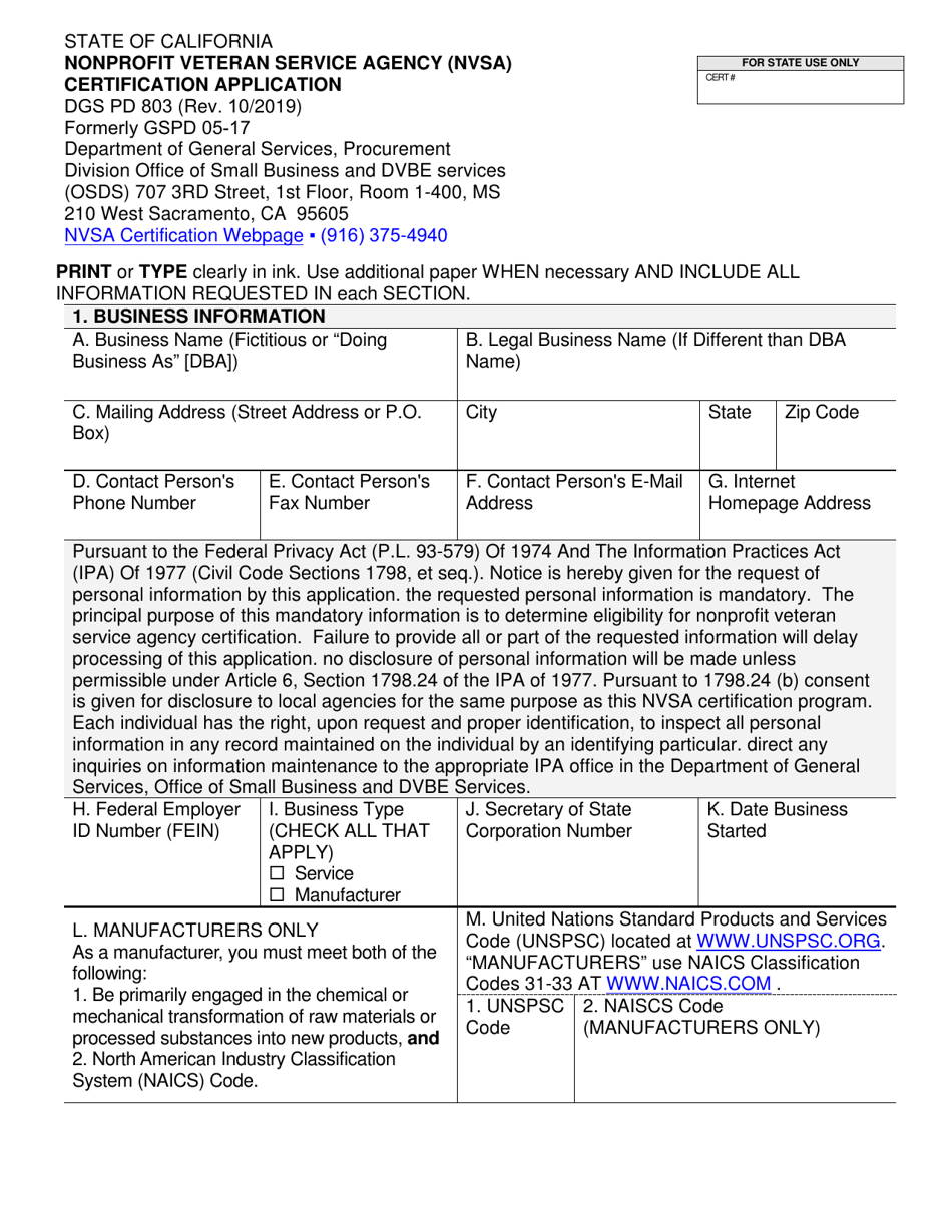 Form DGS PD803 Nonprofit Veteran Service Agency (Nvsa) Certification Application - California, Page 1