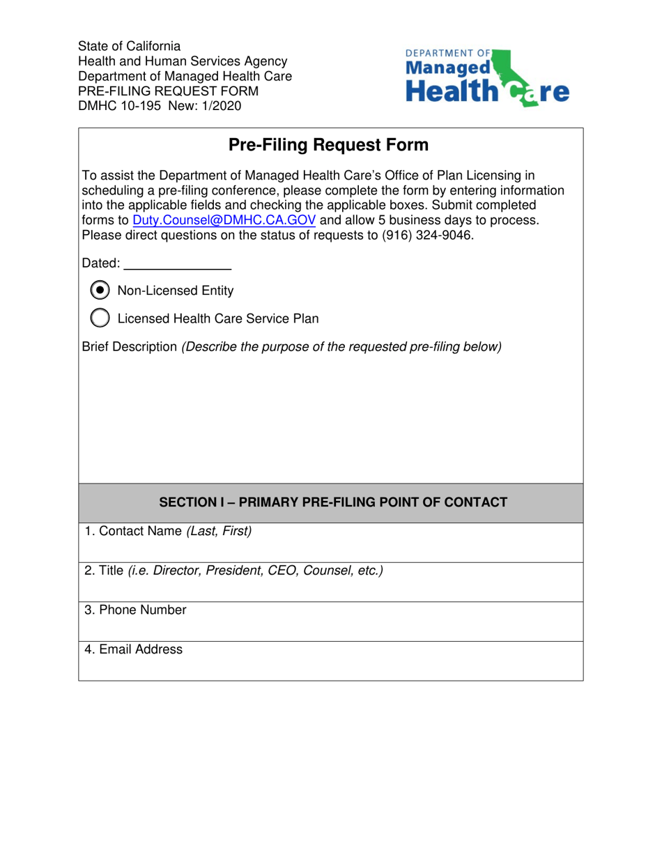 Form DMHC10-195 Pre-filing Request Form - California, Page 1
