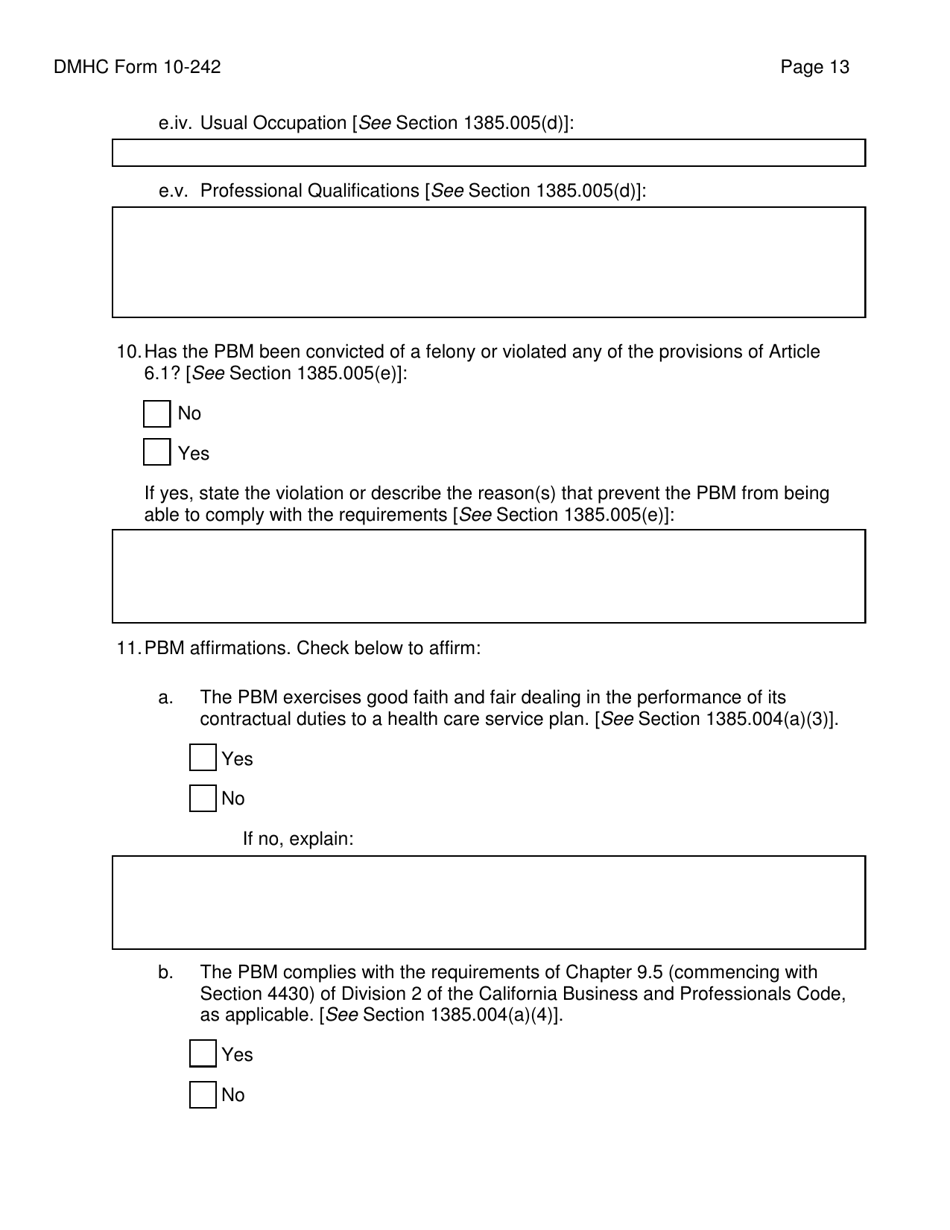 Form DMHC10-242 Application Form for Pharmacy Benefit Manager Registration - California, Page 13