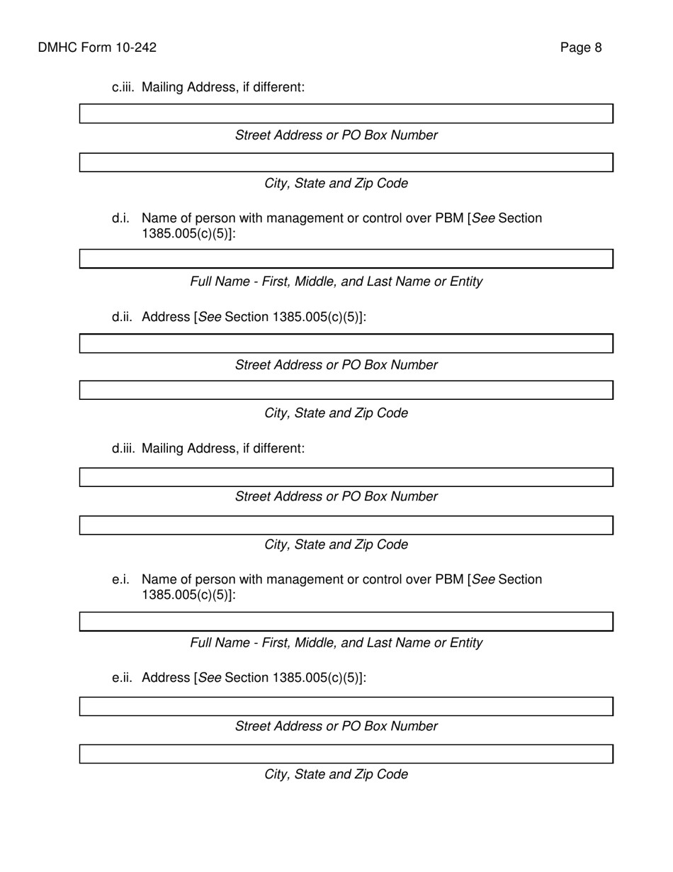 Form DMHC10-242 Application Form for Pharmacy Benefit Manager Registration - California, Page 8