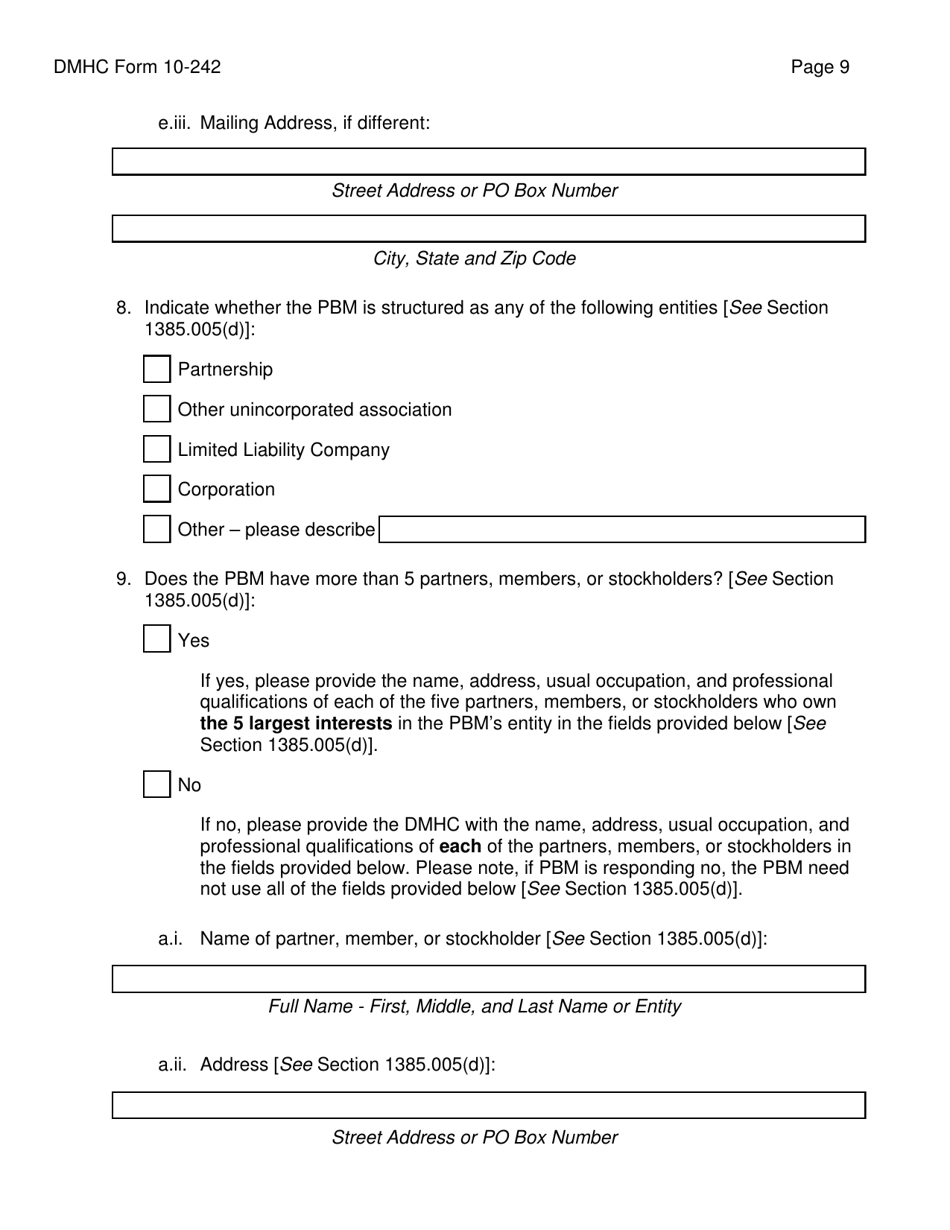 Form DMHC10-242 Application Form for Pharmacy Benefit Manager Registration - California, Page 9