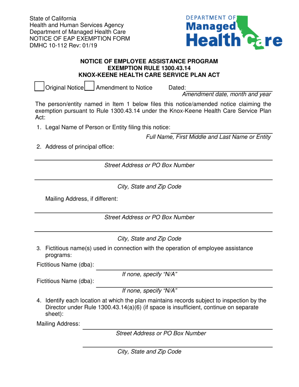Form DMHC10-112 Notice of Eap Exemption Form - California, Page 1