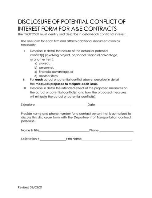 Disclosure of Potential Conflict of Interest Form for a&e Contracts - California Download Pdf