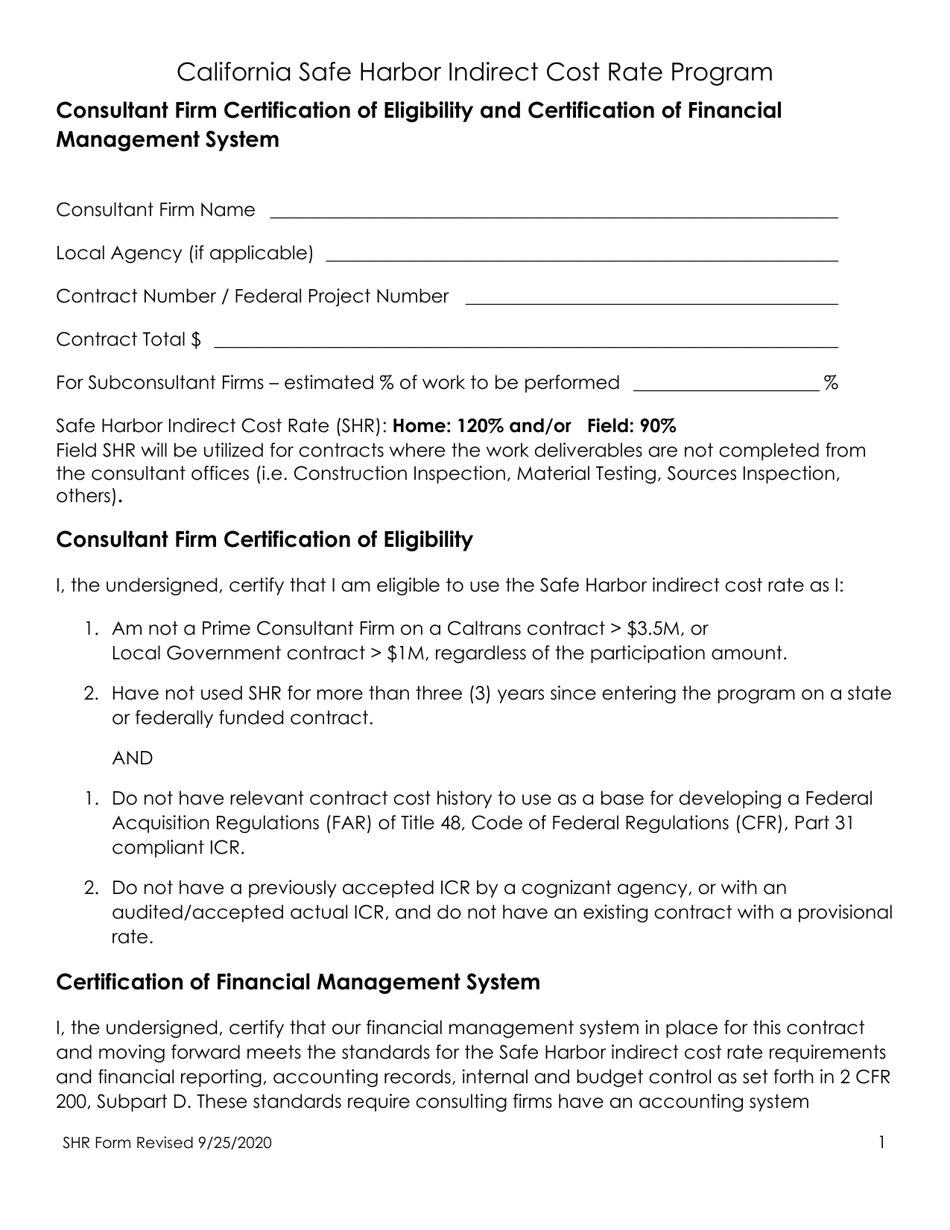 California Safe Harbor Rate Form - California, Page 1