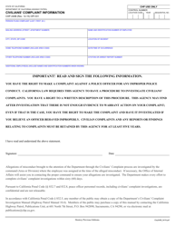 Document preview: Form CHP240B Civilians' Complaint Information - California (English/Spanish)