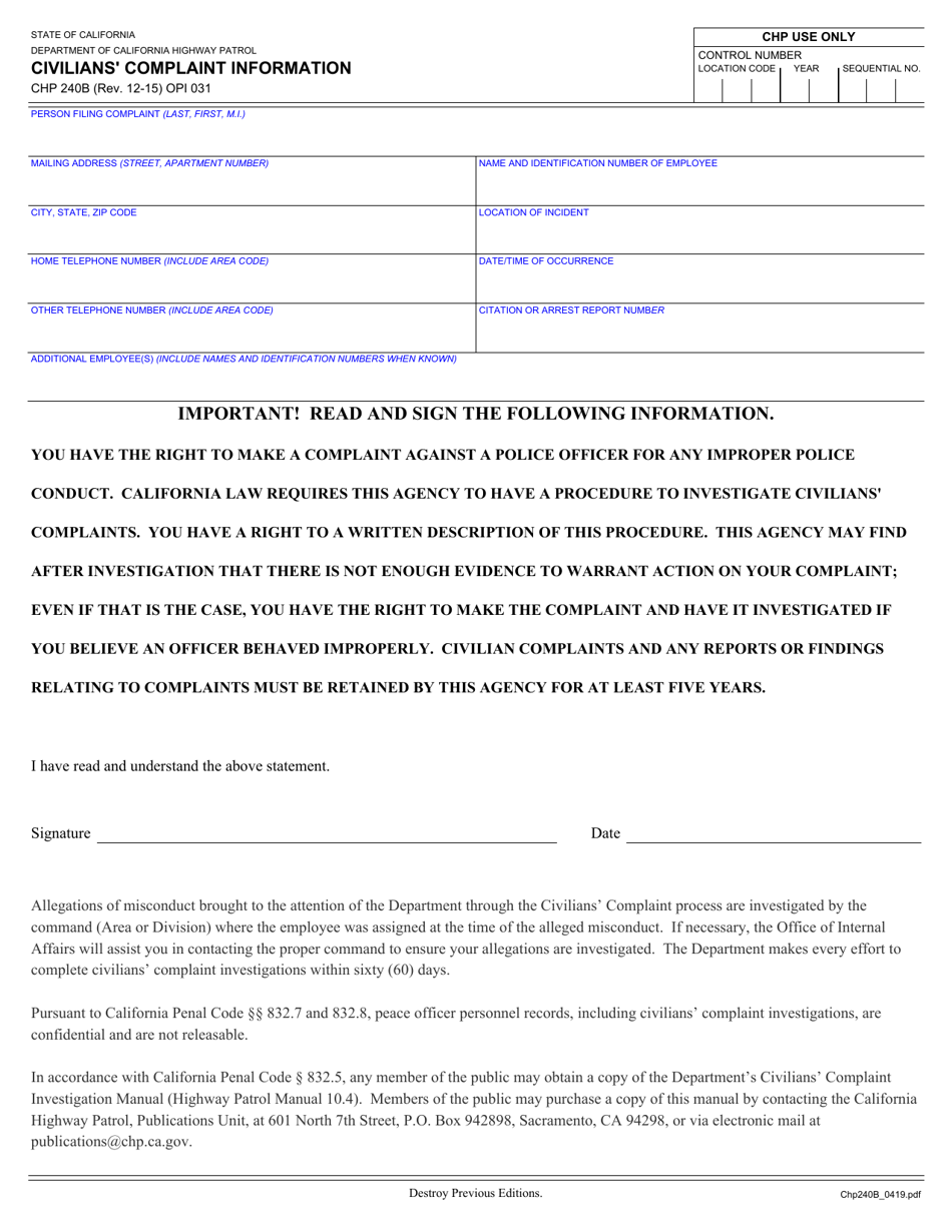 Form CHP240B Civilians Complaint Information - California (English / Spanish), Page 1