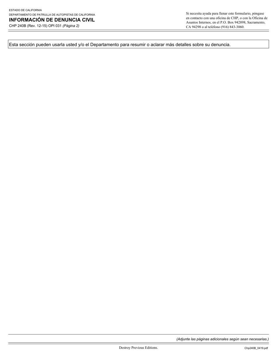 Form CHP240B Civilians Complaint Information - California (English / Spanish), Page 4