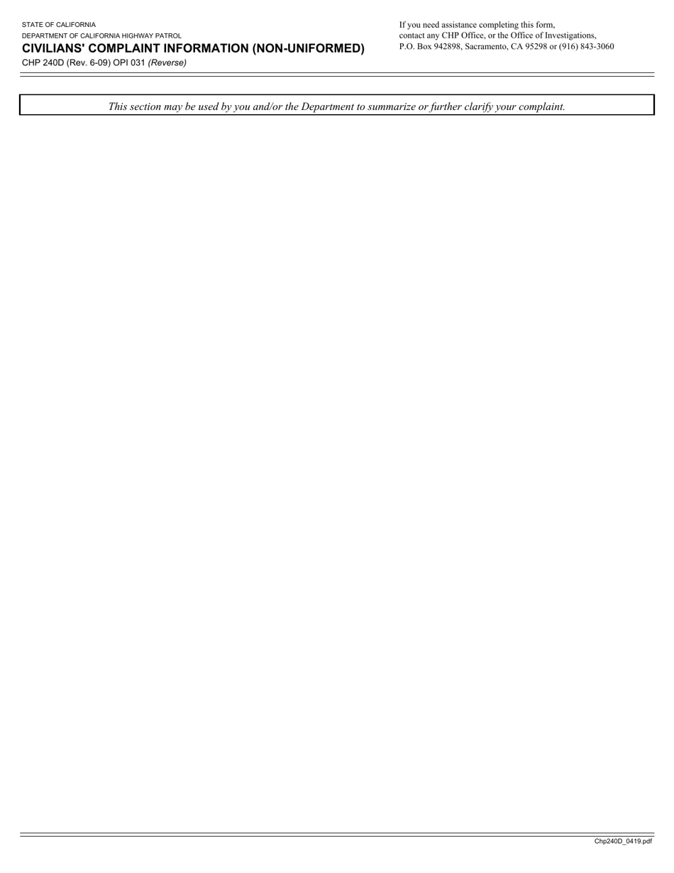 Form CHP240D Civilians Complaint Information (Non-uniformed) - California, Page 2