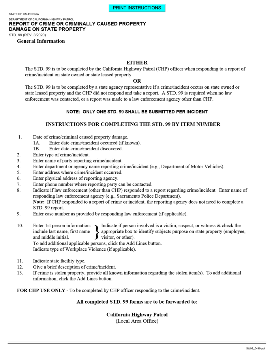 Form STD.99 Report of Crime or Criminally Caused Property Damage on State Property - California, Page 2