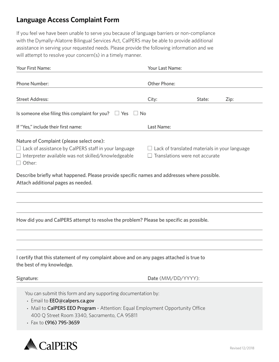 Language Access Complaint Form - California, Page 1
