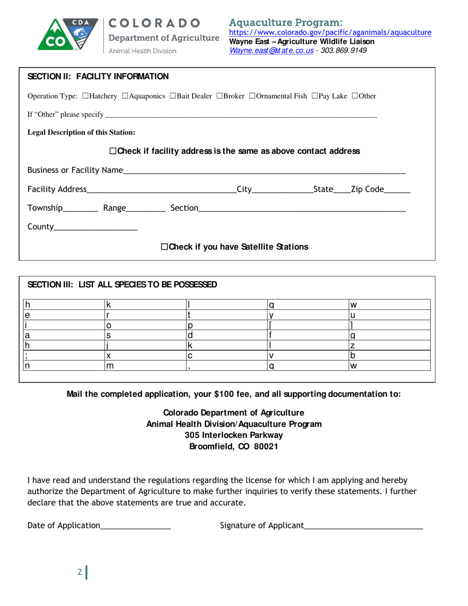 Colorado Aquaculture Permit Application - Colorado, Page 2
