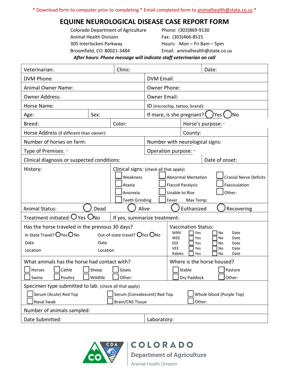 Equine Neurological Disease Case Report Form - Colorado, Page 1