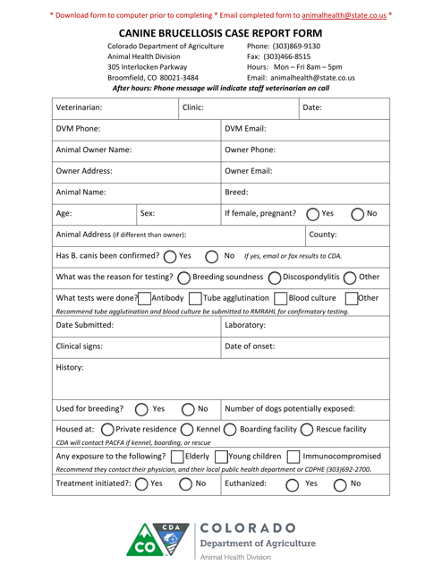 Canine Brucellosis Case Report Form - Colorado