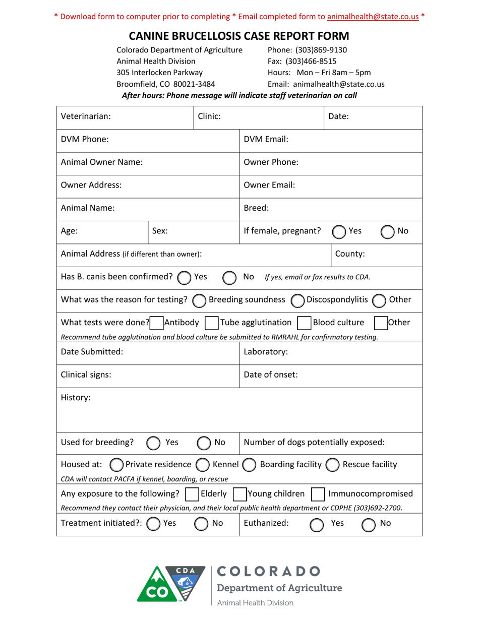 Canine Brucellosis Case Report Form - Colorado, Page 1